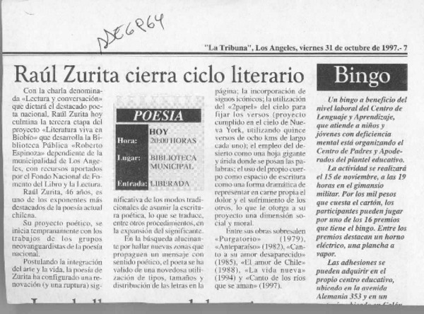 Raúl Zurita cierra ciclo literario  [artículo].