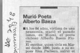 Murió poeta Alberto Baeza  [artículo].