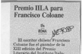 Premio IILA para Francisco Coloane  [artículo].