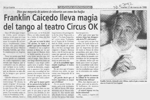 Franklin Caicedo lleva magia del tango al teatro Circus OK  [artículo].