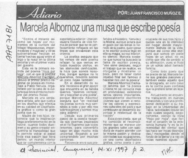 Marcela Albornoz una musa que escribe poesía  [artículo] Juan Francisco Muñoz E.