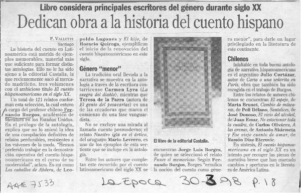 Dedican obra a la historia del cuento hispano  [artículo] P. Vallette.