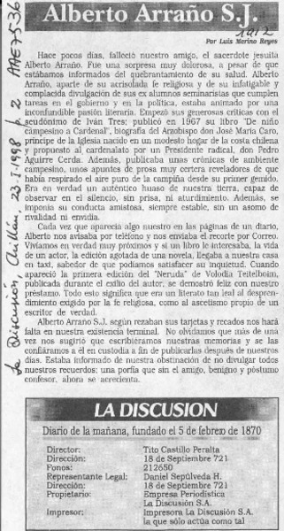 Alberto Arraño S.J.  [artículo] Luis Merino Reyes.