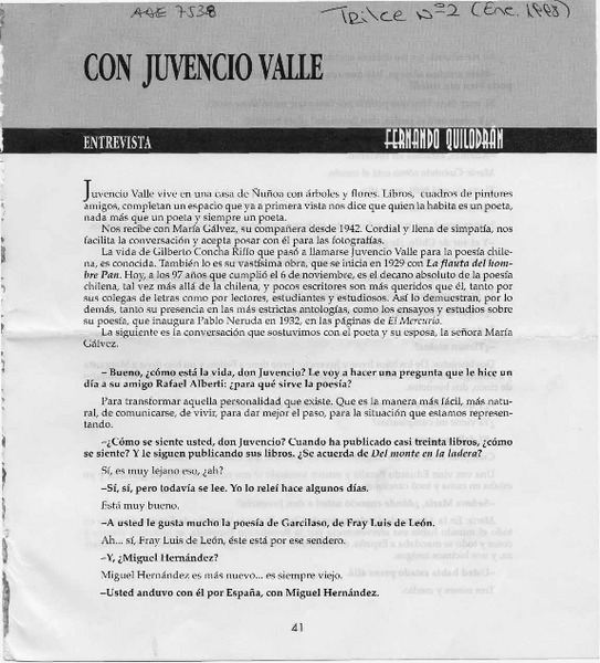Con Juvencio Valle  [artículo] Fernando Quilodrán.