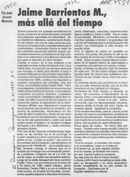 Jaime Barrientos M., más allá del tiempo  [artículo] Juan Antonio Massone.