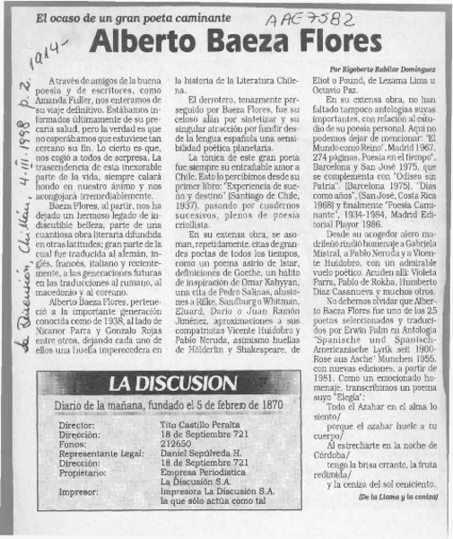 Alberto Baeza Flores  [artículo] Rigoberto Rubilar Domínguez.