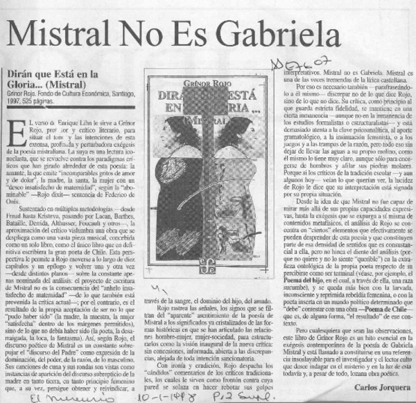 Mistral no es Gabriela  [artículo] Carlos Jorquera.