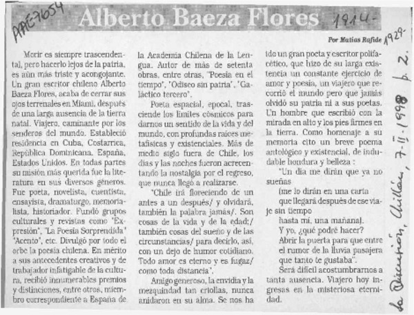 Alberto Baeza Flores  [artículo] Matías Rafide.