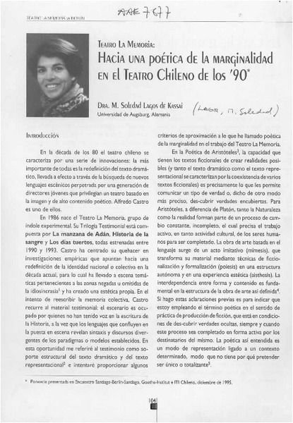 Hacia una poética de la marginalidad en el teatro chileno de los '90  [artículo] M. Soledad Lagos de Kassai.