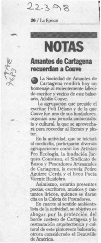 Amantes de Cartagena recuerdan a Couve  [artículo].