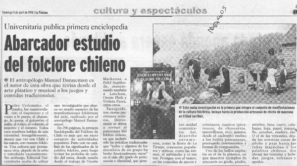 Abarcador estudio del folclore chileno  [artículo].