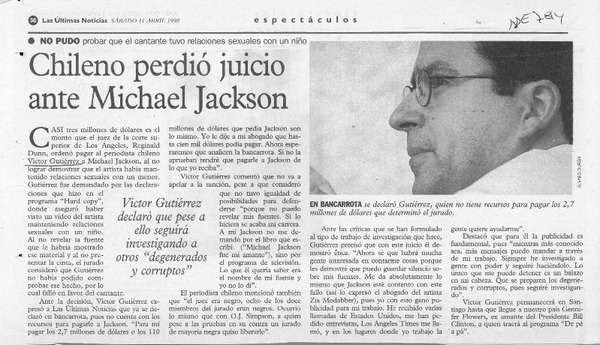 Chileno perdió juicio ante Michael Jackson  [artículo].