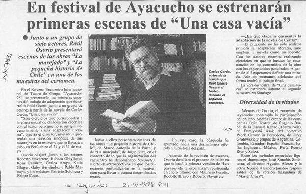 En Festival de Ayacucho se estrenarán primeras escenas de "Una casa vacía"  [artículo].