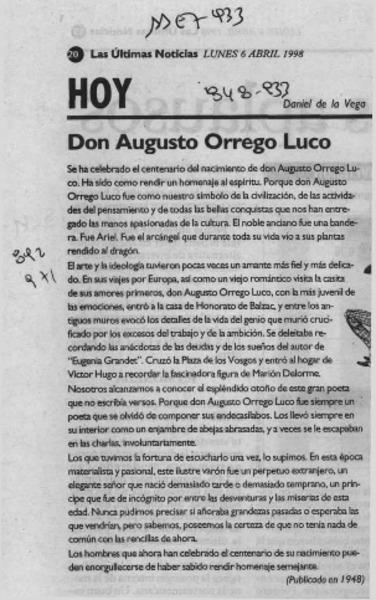 Don Augusto Orrego Luco  [artículo] Daniel de la Vega.