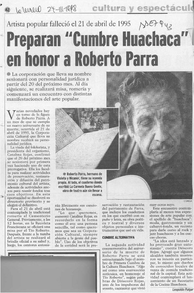 Preparan "Cumbre huachaca" en honor a Roberto Parra  [artículo] Leopoldo Pulgar.