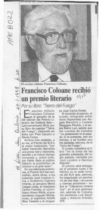 Francisco Coloane recibió un premio literario  [artículo].