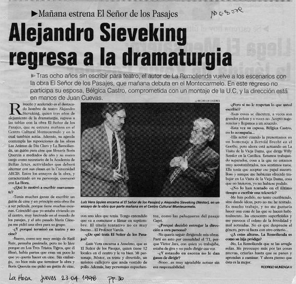 Alejandro Sieveking regresa a la dramaturgia  [artículo] Rodrigo Munozaga V.