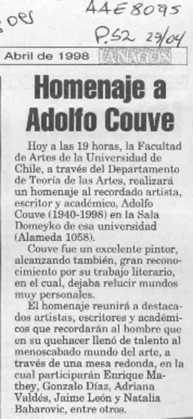 Homenaje a Adolfo Couve  [artículo].