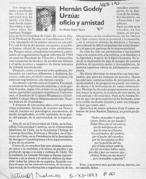 Hernán Godoy Urzúa, oficio y amistad  [artículo] Marino Pizarro Pizarro.