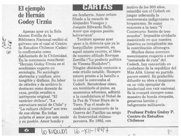El ejemplo de Hernán Godoy Urzúa  [artículo] Pedro Godoy.