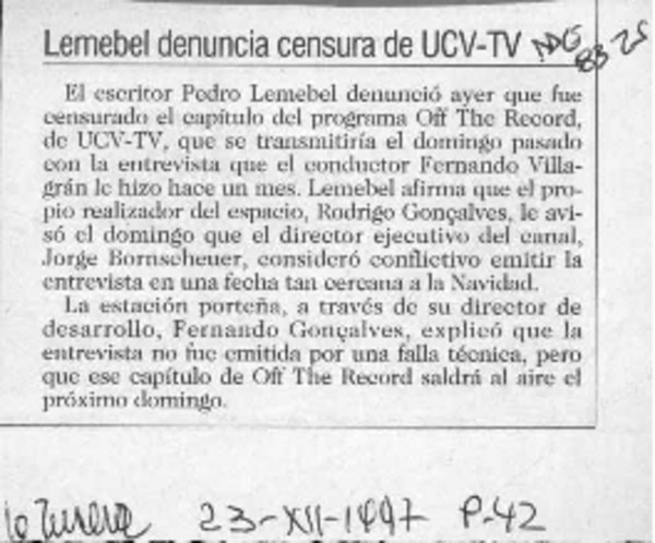 Lemebel denuncia censura de UCV-TV  [artículo].