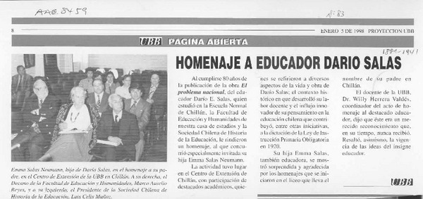 Homenaje a educador Darío Salas  [artículo].