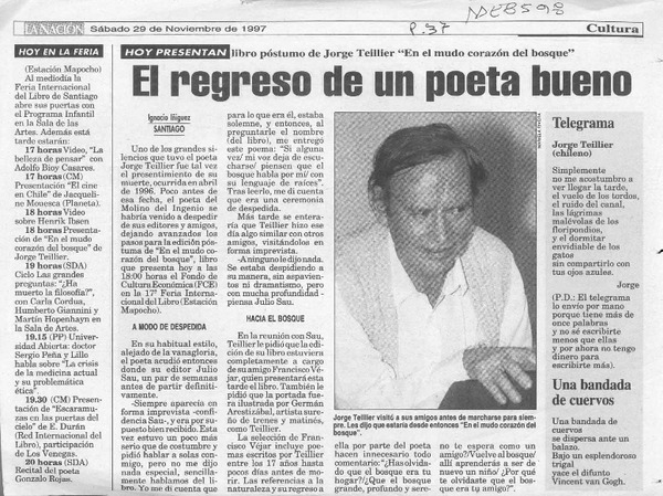 El regreso de un poeta bueno  [artículo] Ignacio Iñíguez.