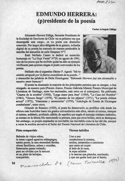 Edmundo Herrera, (p)residente de la poesía  [artículo] Carlos Aránguiz Zúñiga.