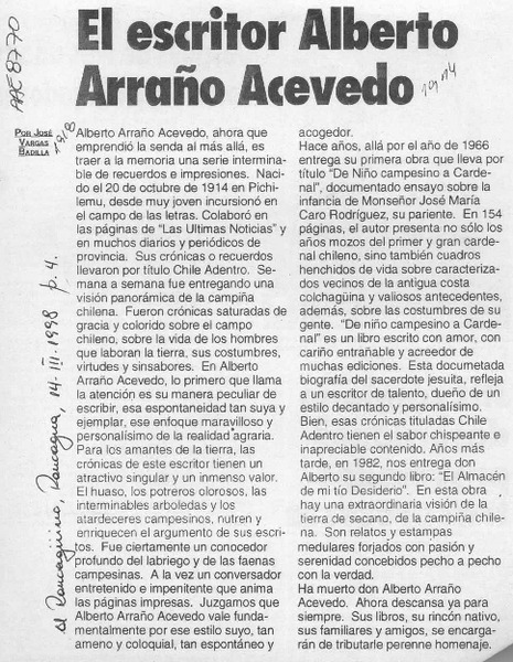 El escritor Alberto Arraño Acevedo  [artículo] José Vargas Badilla.