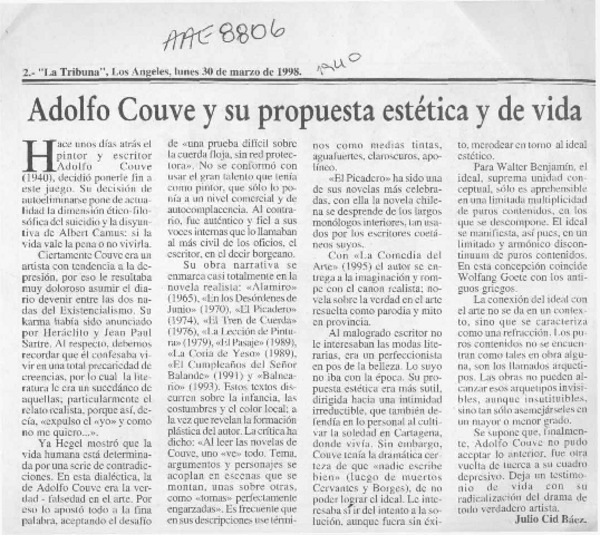 Adolfo Couve y su propuesta estética y de vida  [artículo] Julio Cid Báez.