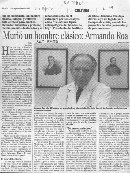 Murió un hombre clásico, Armando Roa  [artículo] X. P.