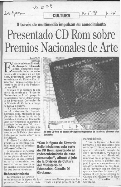 Presentado CD Rom sobre Premios Nacioanles de Arte  [artículo].