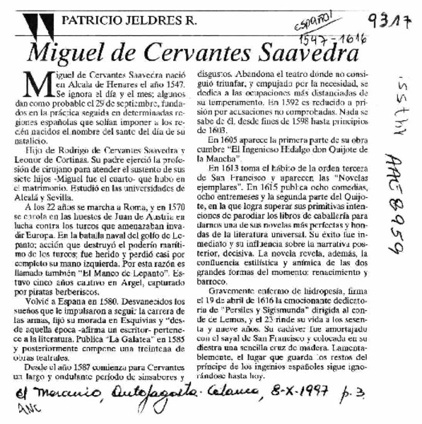 Miguel de Cervantes Saavedra  [artículo] Patricio Jeldres R.
