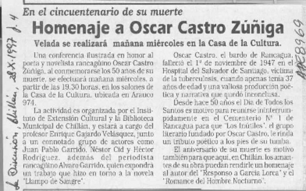 Homenaje a Oscar Castro Zuñiga  [artículo].