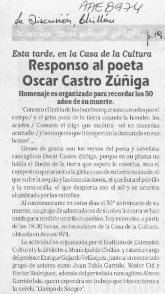 Responso al poeta Oscar Castro Zuñiga  [artículo].