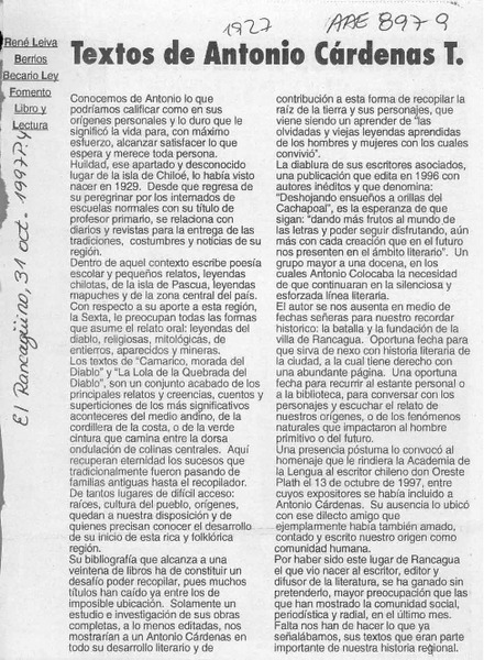 Textos de Antonio Cárdenas T.  [artículo] René Leiva Berrios.