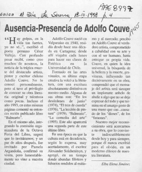 Ausencia-Presencia de Adolfo Couve  [artículo] Elba Elena Jiménez.