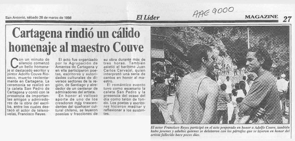Cartagena rindió un cálido homenaje al maestro Couve  [artículo].