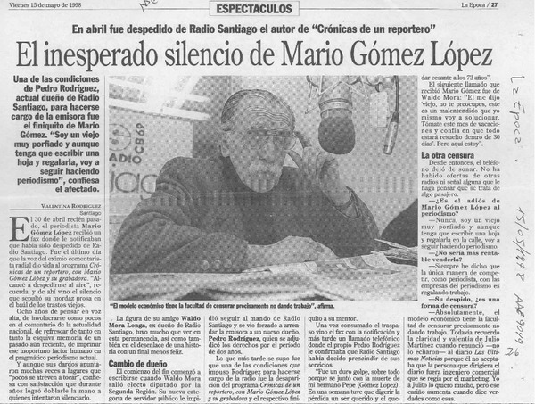 El inesperado silencio de Mario Gómez López  [artículo] Valentina Rodríguez.