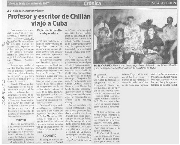 Profesor y escritor de Chillán viajó a Cuba  [artículo].