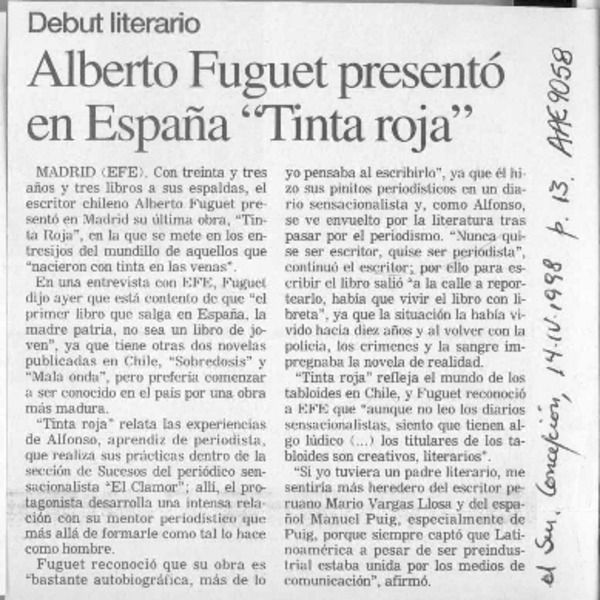 Alberto Fuguet presentó en España "Tinta roja"  [artículo].