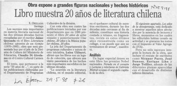 Libro muestra 20 años de literatura chilena  [artículo] E. Orellana.