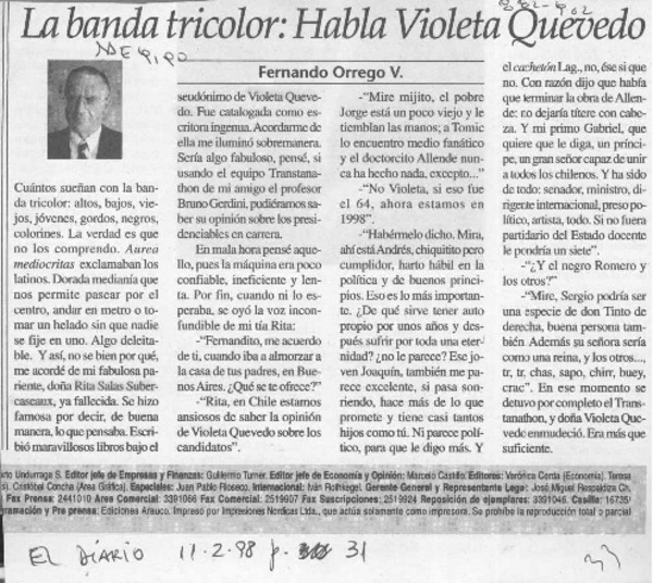 La banda tricolor, habla Violeta Quevedo  [artículo] Fernando Orrego V.