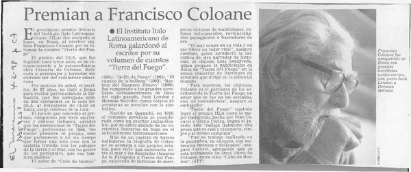 Premian a Francisco Coloane  [artículo].