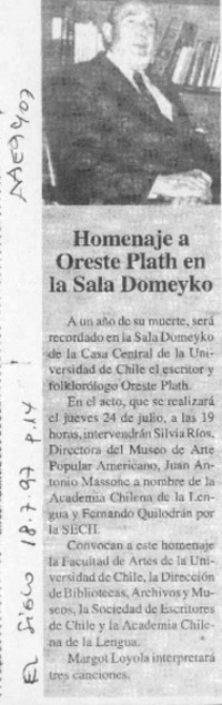 Homenaje a Oreste Plath en Sala Domeyko  [artículo].