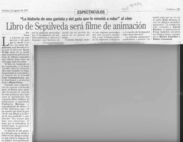 Libro de Sepúlveda será filme de animación  [artículo].