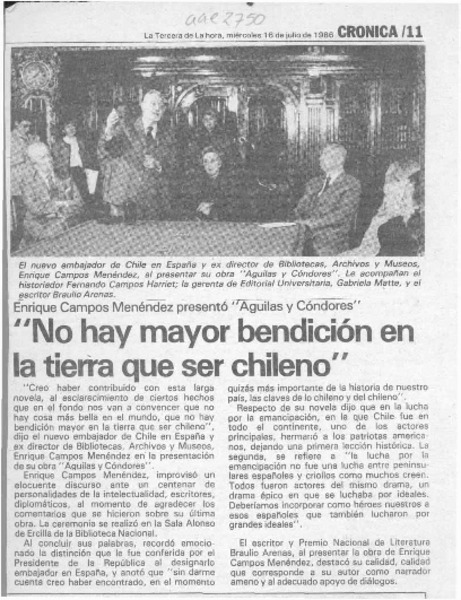 "No hay mayor bendición en la tierra que ser chileno"  [artículo].
