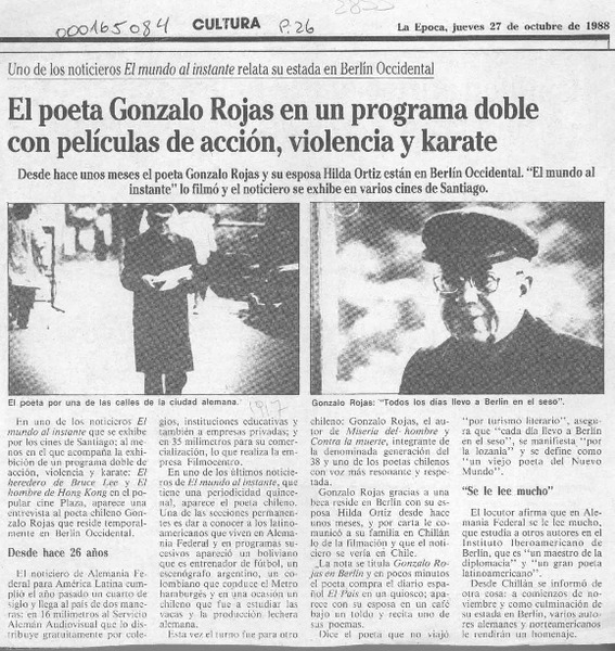 El Poeta Gonzalo Rojas en un programa doble con películas de acción, violencia y karate  [artículo].