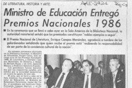 Ministro de Educación entregó Premios Nacionales 1986  [artículo].