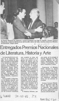 Entregados Premios Nacionales de Literatura, Historia y Arte  [artículo].